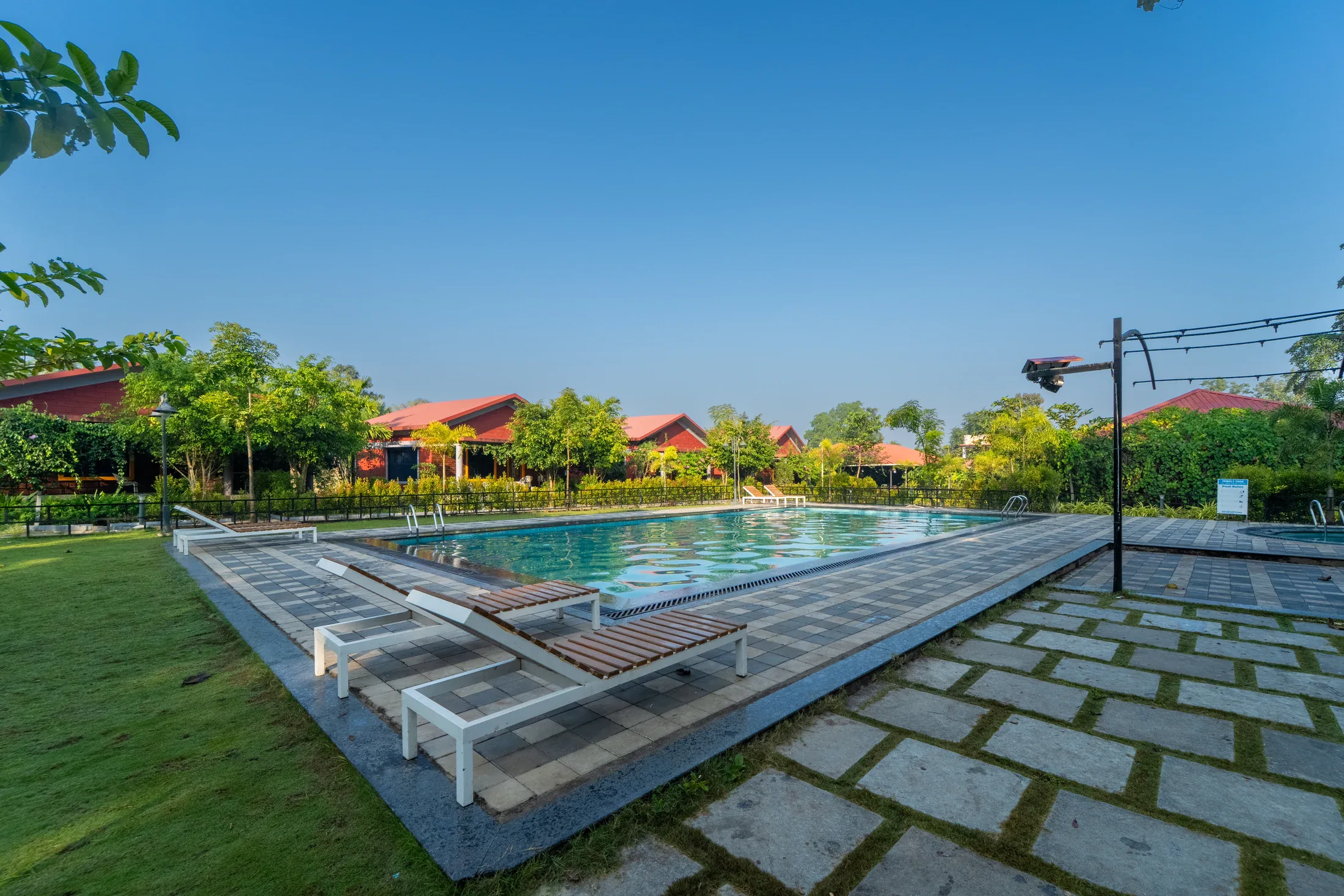 The Jungle Edge swimming pool, lawns and cottages